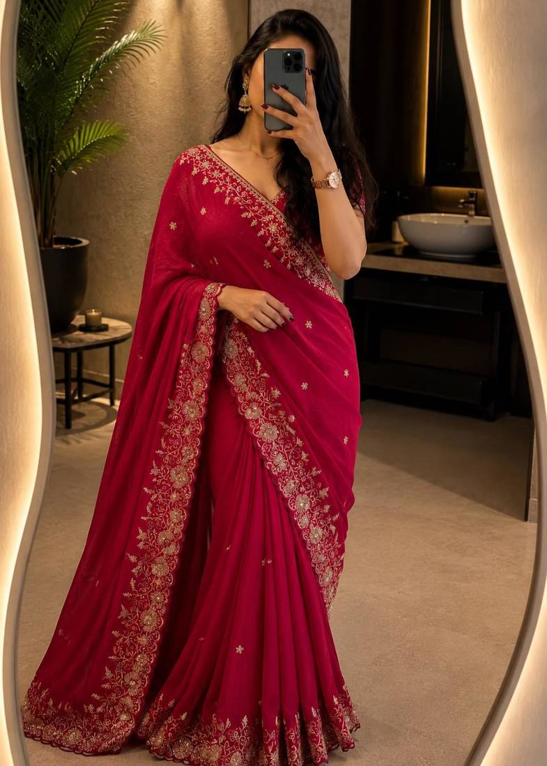 Red tissue zari work embroidered saree
