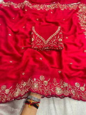 Red tissue zari work embroidered saree 2