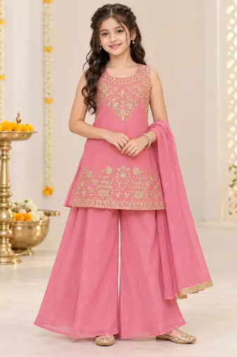 Pink silver embroidered sleeveless kurti palazzo set with dupatta for girls