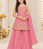 Pink silver embroidered sleeveless kurti palazzo set with dupatta for girls