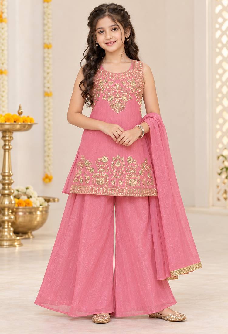 Pink silver embroidered sleeveless kurti palazzo set with dupatta for girls
