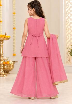 Pink silver embroidered sleeveless kurti palazzo set with dupatta for girls 2
