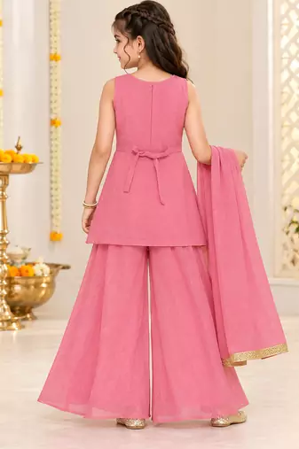 Pink silver embroidered sleeveless kurti palazzo set with dupatta for girls