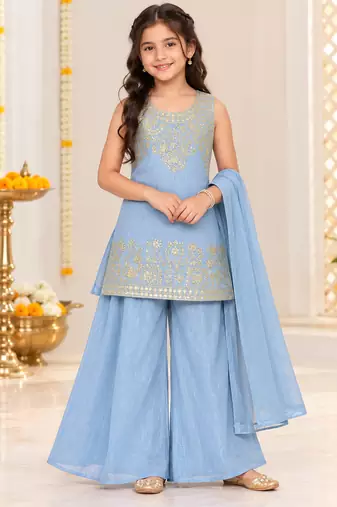 Pastel blue silver embroidered sleeveless kurti palazzo set with dupatta for girls