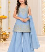 Pastel blue silver embroidered sleeveless kurti palazzo set with dupatta for girls