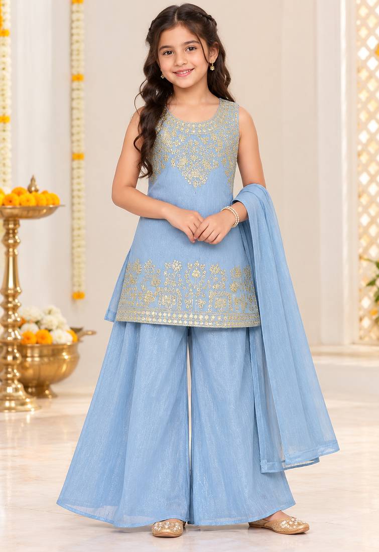 Pastel blue silver embroidered sleeveless kurti palazzo set with dupatta for girls
