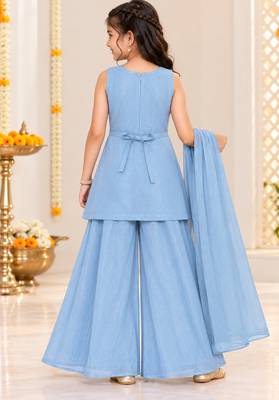 Pastel blue silver embroidered sleeveless kurti palazzo set with dupatta for girls 2