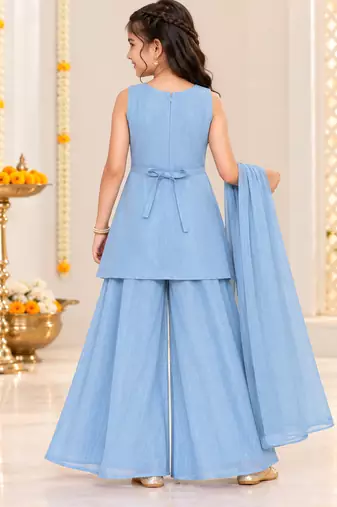 Pastel blue silver embroidered sleeveless kurti palazzo set with dupatta for girls