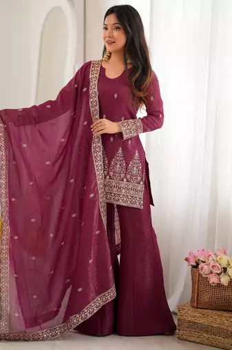 Burgandy Color Designer Kurti Suit Set With Dupatta Wedding Wear Suit Set 