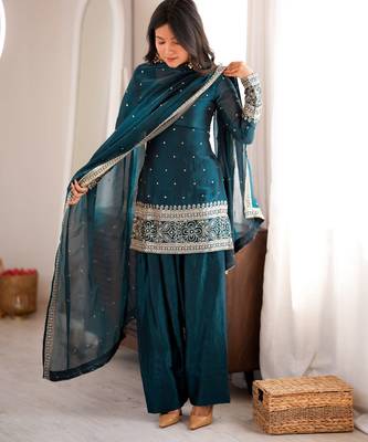 New Fendy Silk Fabric With Embroidery Sequence Work Suit Set With Dupatta 1