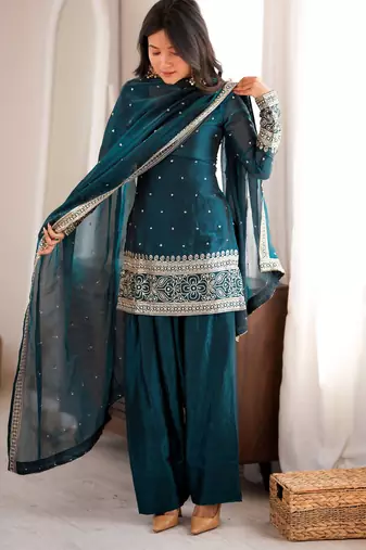 New Fendy Silk Fabric With Embroidery Sequence Work Suit Set With Dupatta