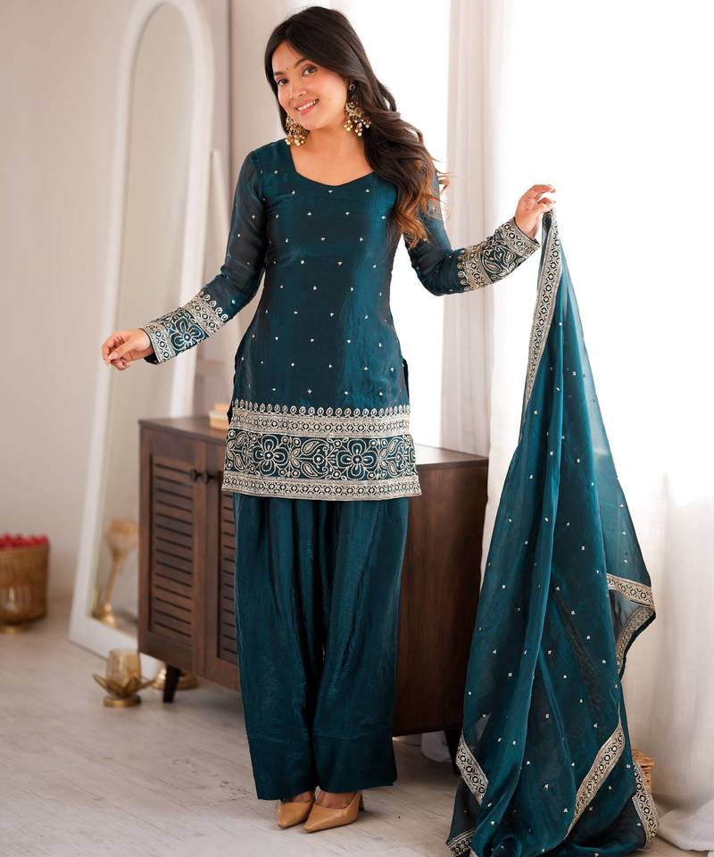 New Fendy Silk Fabric With Embroidery Sequence Work Suit Set With Dupatta