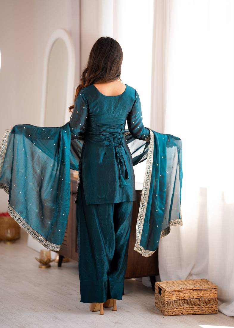 New Fendy Silk Fabric With Embroidery Sequence Work Suit Set With Dupatta