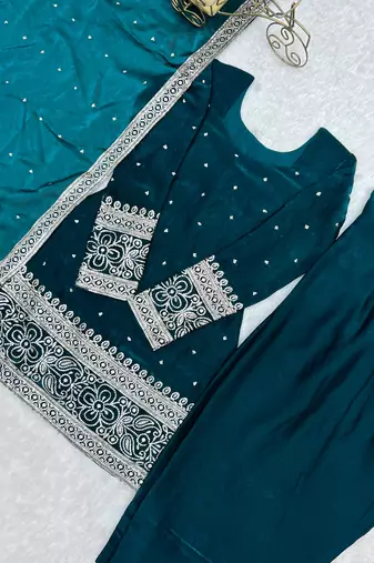 New Fendy Silk Fabric With Embroidery Sequence Work Suit Set With Dupatta