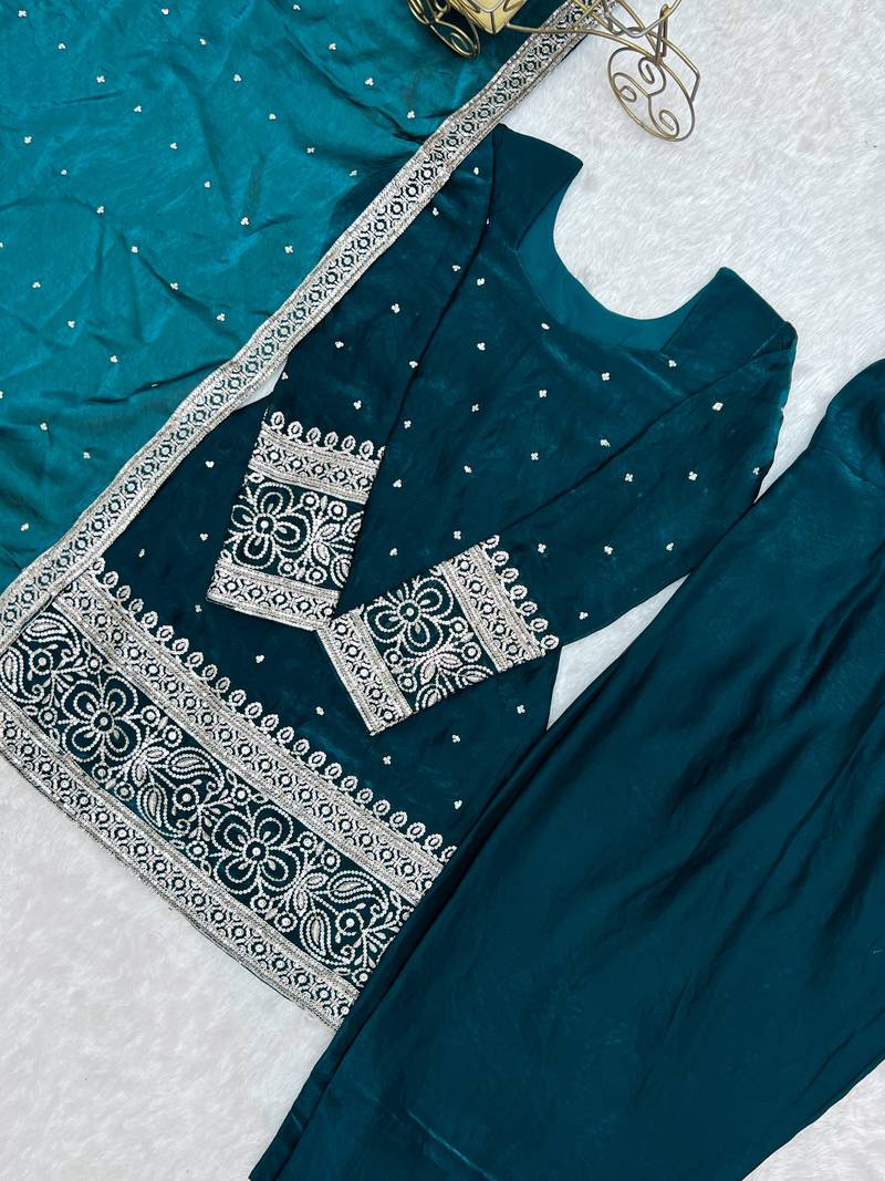 New Fendy Silk Fabric With Embroidery Sequence Work Suit Set With Dupatta