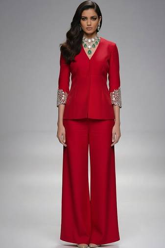 Red embroidered Silk co ord set