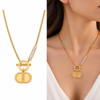 Anti-Tarnish Golden Elegance Charm Neck Chain with Sparkling Crystal Bar and Textured Pendant 1