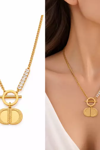 Anti-Tarnish Golden Elegance Charm Neck Chain with Sparkling Crystal Bar and Textured Pendant