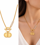Anti-Tarnish Golden Elegance Charm Neck Chain with Sparkling Crystal Bar and Textured Pendant