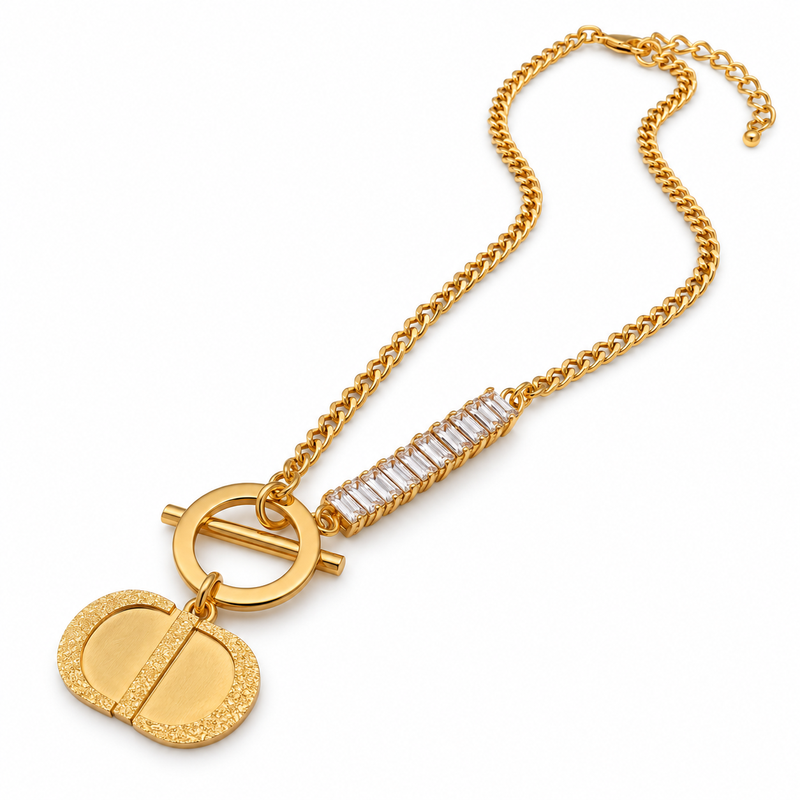 Anti-Tarnish Golden Elegance Charm Neck Chain with Sparkling Crystal Bar and Textured Pendant