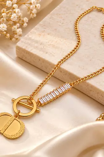Anti-Tarnish Golden Elegance Charm Neck Chain with Sparkling Crystal Bar and Textured Pendant