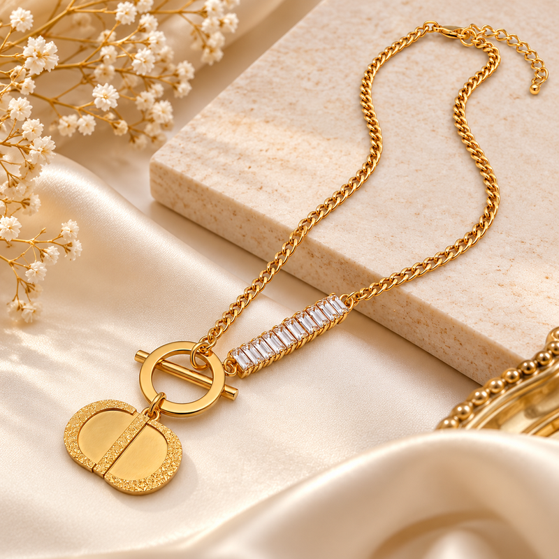 Anti-Tarnish Golden Elegance Charm Neck Chain with Sparkling Crystal Bar and Textured Pendant