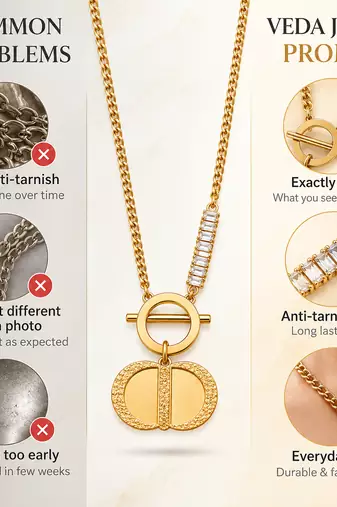 Anti-Tarnish Golden Elegance Charm Neck Chain with Sparkling Crystal Bar and Textured Pendant