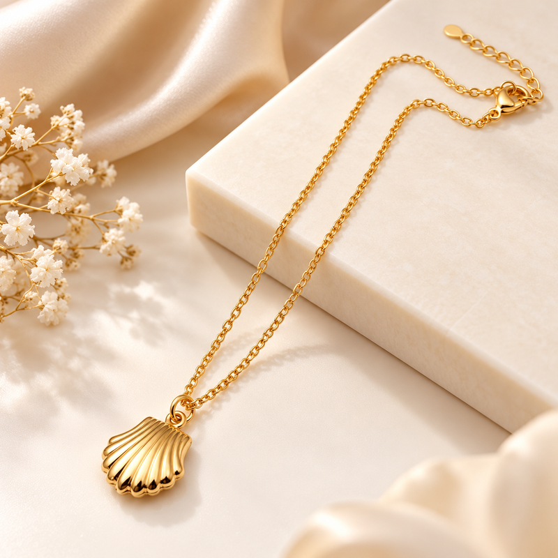 Anti-Tarnish Golden Seashell Charm Neck Chain – Elegant Ocean-Inspired Pendant Jewellery