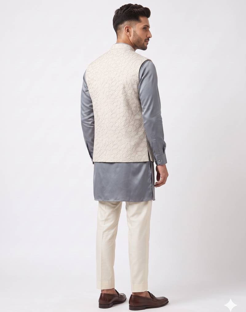 A loyal white cutdana embroidered nehru jacket