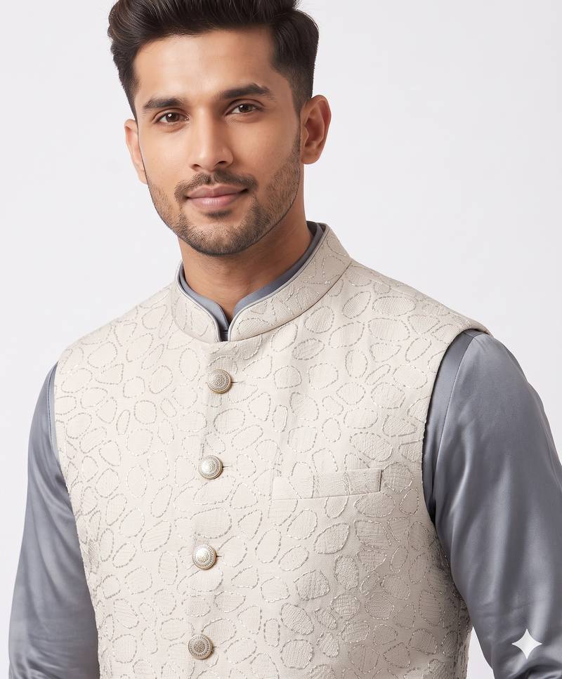 A loyal white cutdana embroidered nehru jacket