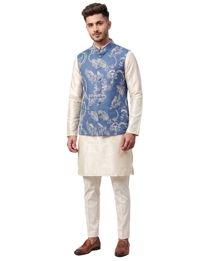 A loyal premium floral embroidered art silk nehru jacket with resham and sequin work