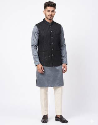A loyal textured art silk sequin & chevron embroidered bandhgala festive nehru jacket for men 1