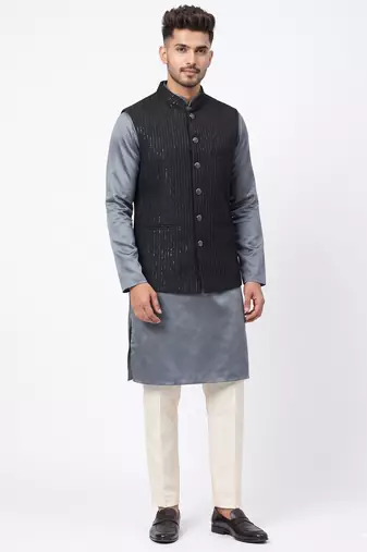 A loyal textured art silk sequin & chevron embroidered bandhgala festive nehru jacket for men