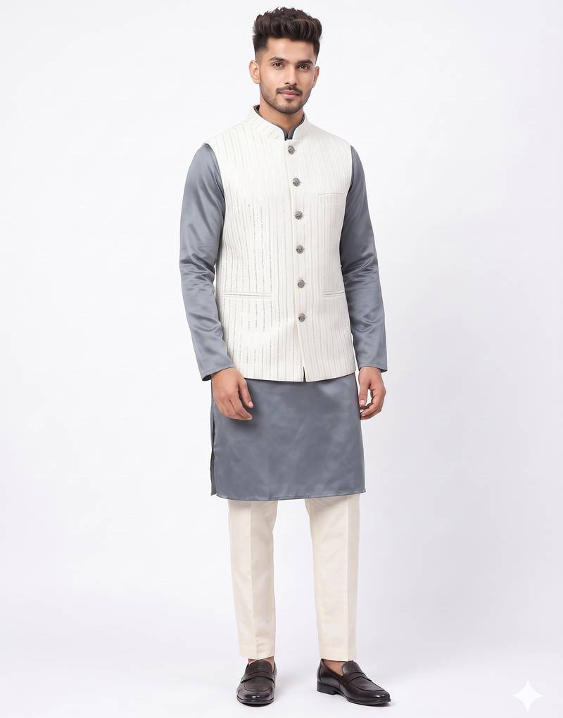 A loyal textured art silk sequin & chevron embroidered bandhgala festive nehru jacket for men