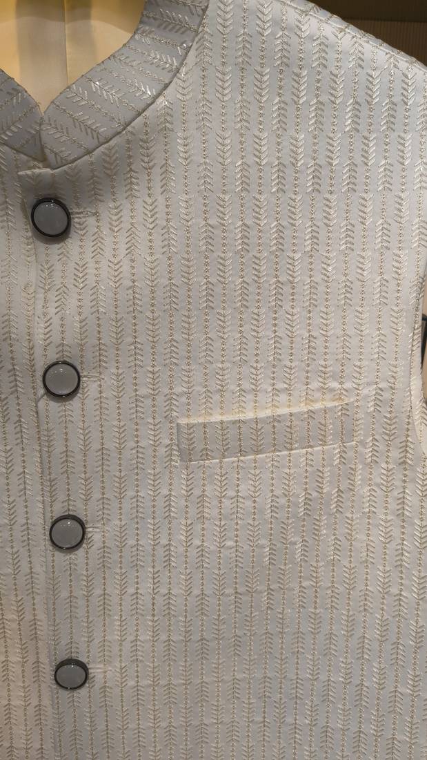 A loyal textured art silk sequin & chevron embroidered bandhgala festive nehru jacket for men