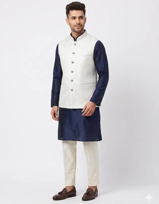  a loyal white self-woven sequin art silk sleeveless mandarin collar men's nehru jacket 1