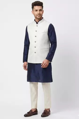  a loyal white self-woven sequin art silk sleeveless mandarin collar men's nehru jacket