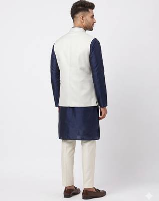  a loyal white self-woven sequin art silk sleeveless mandarin collar men's nehru jacket 2