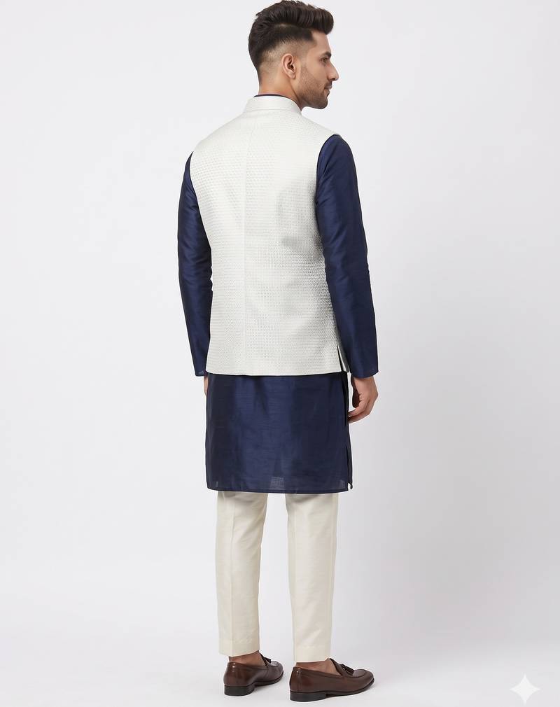  a loyal white self-woven sequin art silk sleeveless mandarin collar men's nehru jacket