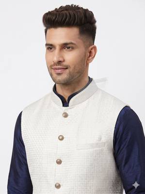  a loyal white self-woven sequin art silk sleeveless mandarin collar men's nehru jacket 3