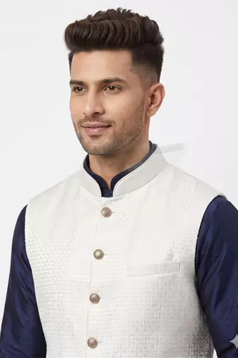  a loyal white self-woven sequin art silk sleeveless mandarin collar men's nehru jacket