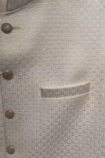  a loyal white self-woven sequin art silk sleeveless mandarin collar men's nehru jacket