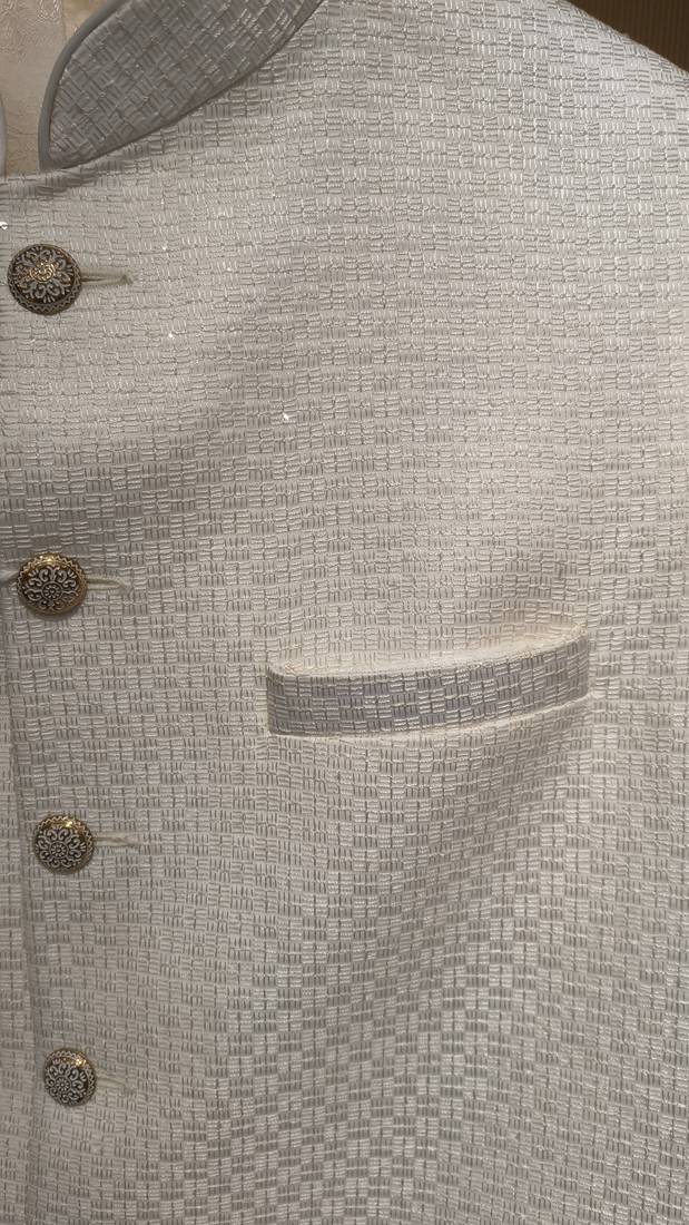  a loyal white self-woven sequin art silk sleeveless mandarin collar men's nehru jacket