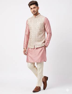 A loyal champagne beige and dusty pink art silk resham zari & sequin embroidered nehru jacket for men 1
