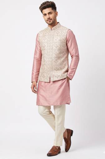A loyal champagne beige and dusty pink art silk resham zari & sequin embroidered nehru jacket for men