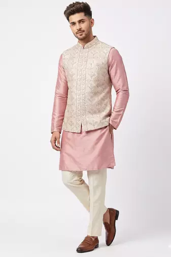 A loyal champagne beige and dusty pink art silk resham zari & sequin embroidered nehru jacket for men