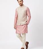 A loyal champagne beige and dusty pink art silk resham zari & sequin embroidered nehru jacket for men