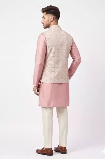 A loyal champagne beige and dusty pink art silk resham zari & sequin embroidered nehru jacket for men