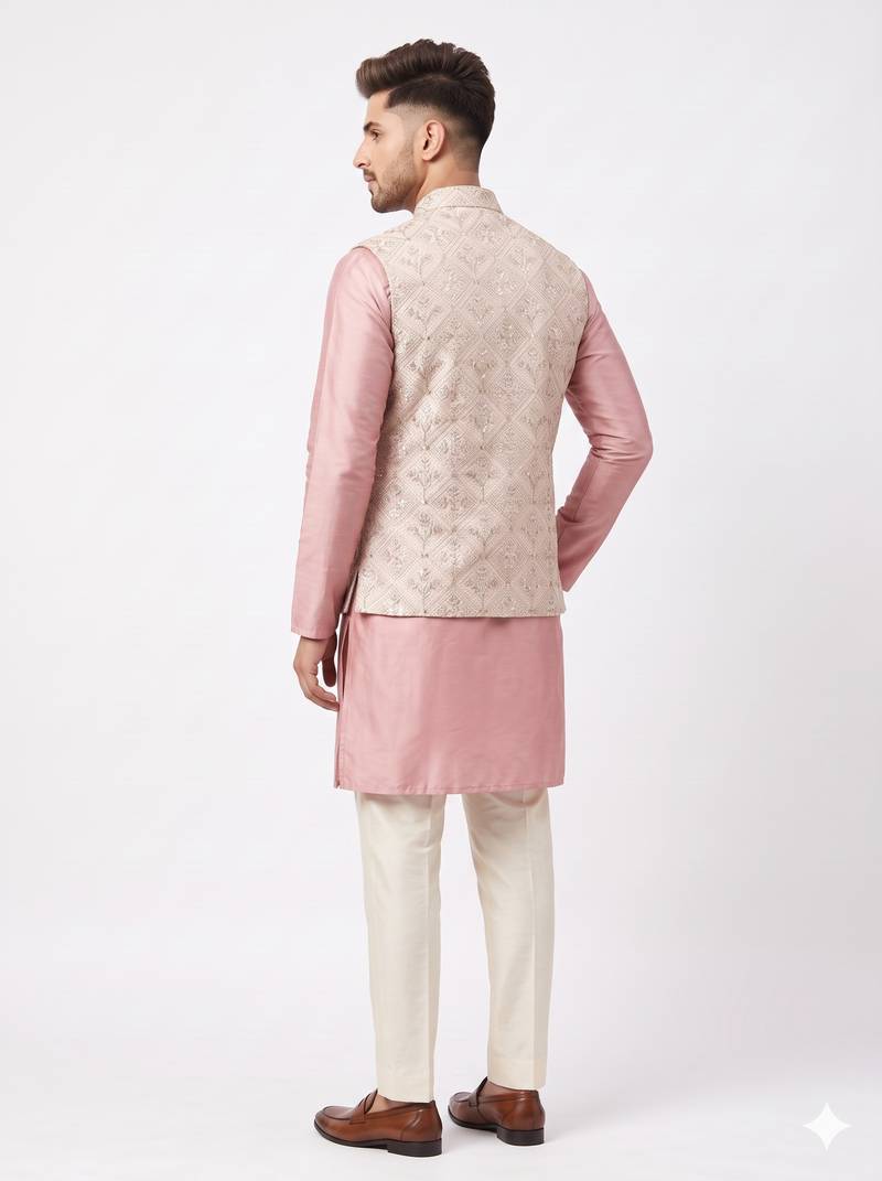 A loyal champagne beige and dusty pink art silk resham zari & sequin embroidered nehru jacket for men