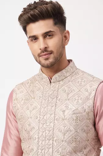 A loyal champagne beige and dusty pink art silk resham zari & sequin embroidered nehru jacket for men